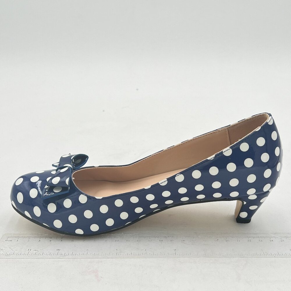 Polka Dot Navy Blue Kitten Heel Pumps with Bow
